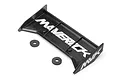A black Maverick RC rear wing with white branding and two small black circular spacers on a white background.