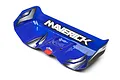 A blue Maverick RC buggy wing with white Maverick branding and silver accent graphics, viewed from a high angle against a white background.
