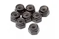 A group of eight black 2.5mm nyloc nuts arranged on a plain white background.