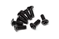 A small pile of eight black metal button head screws with cross-head drives, isolated on a white background.