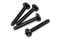 Four black button head screws with coarse threads arranged on a white background.