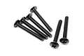A set of six black metal button head screws with cross-head drives, arranged on a white background.