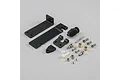 A Pro Boat black aluminium rudder assembly kit including the rudder blade, mounting bracket, bellows, and various metal screws and hardware components.