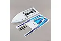 A white Pro Boat Sonicwake 36-inch RC boat hull with a decal sheet, hook-and-loop straps, and small hardware components on a grey background.
