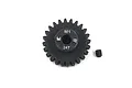 A black Yeah Racing 24T 1Mod steel pinion gear with a small grub screw on a white background.