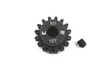 A black Yeah Racing 16T 1Mod steel pinion gear with a small grub screw on a white background.