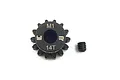 A black Yeah Racing 14T 1Mod steel pinion gear with a grub screw on a white background.