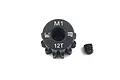 A black Yeah Racing 12T 1Mod steel pinion gear with a small grub screw on a white background.