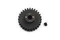 A Yeah Racing 28T 1Mod steel pinion gear with a small grub screw on a white background.