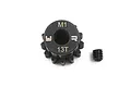 A Yeah Racing 13T 1Mod steel pinion gear with a grub screw on a white background.