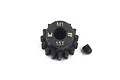 A black Yeah Racing 15T 1Mod steel pinion gear with a grub screw, viewed from the top against a white background.