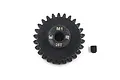 A black Yeah Racing 26T 1Mod steel pinion gear with a small grub screw on a white background.
