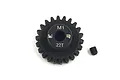 A black Yeah Racing 22T 1Mod pinion gear with a small grub screw on a white background.