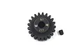 A black steel 21T 1Mod pinion gear by Yeah Racing with a small grub screw on a white background.