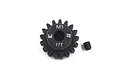 A black metal 17-tooth 1Mod pinion gear with a small grub screw, featuring laser-etched markings on a white background.