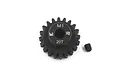 A black Yeah Racing 20T 1Mod steel pinion gear with a small grub screw on a white background.