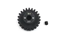 A black Yeah Racing 23T 1Mod steel pinion gear with a small grub screw on a white background.