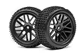 Two black RC buggy wheels with knobby off-road tires and split-spoke rims, isolated on a white background.