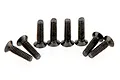 A set of eight black metal countersunk screws arranged on a white background.