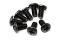A group of eight black metal button head screws with Phillips drive heads arranged on a white background.