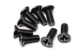 A group of eight black metal countersunk head screws with Phillips drive heads, arranged on a white background.