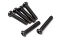 A set of six black button head screws with coarse threads arranged on a white background.