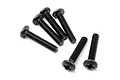 Six black metal button head screws with cross-head drives arranged on a white background.