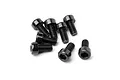 A cluster of eight black metal cap head screws with hexagonal sockets, arranged on a plain white background.