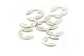 A small pile of silver-coloured metal E-clips for RC car maintenance, isolated on a white background.