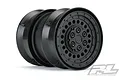Two black Pro-Line 1.9-inch dually internal beadlock crawler rims shown from a side angle against a white background.