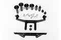 Traxxas body mount set including various black plastic posts, brackets, and metal screws on a white background.