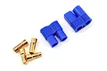 A pair of blue EC3 plastic connector housings and four gold-plated bullet connector pins on a white background.