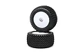 Two Losi Mini-T 2.0 rear step pin off-road RC tyres mounted on white plastic rims, stacked vertically against a white background.