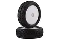 Two Losi 1.6 inch Mini-B 2.0 front off-road tyres with Taper Pin tread pattern mounted on white plastic rims.