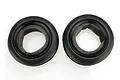 Two black Traxxas 2.2 inch Alias front buggy tyres with grey foam inserts, viewed from the side on a white background.