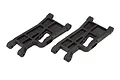 A pair of black plastic front suspension arms for a Traxxas RC vehicle, shown from an angled perspective against a white background.