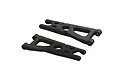 A pair of black ARRMA front lower suspension arms for an RC vehicle, shown from an elevated angle against a white background.