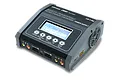 SkyRC D260 dual port AC/DC smart charger showing an active LCD screen with LiPo balance settings on a white background.