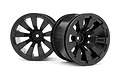 Two black spoked RC car rims from Maverick, featuring an MVK logo on one of the spokes, set against a plain white background.