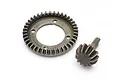 A metal differential bevel gear set for an RC car, including one large ring gear and one small pinion gear on a white background.