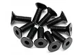 A cluster of ten black metal countersunk hex head screws arranged in a circular pattern on a white background.