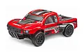 A red Maverick Strada SC short course RC truck body shell featuring black and white racing decals, mounted on a chassis against a white background.