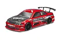 A red Maverick Strada DC RC drift car body shell with black carbon-style hood, rear wing, and racing decals, shown on a white background.