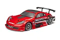 A red pre-painted RC touring car body shell for the Maverick Strada TC, featuring black decals and a rear spoiler, shown against a white background.