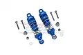 Two blue anodized aluminium RC shock absorbers with silver springs and included mounting hardware on a white background.
