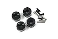 Four black aluminium wheel hexes with 8.0 markings, accompanied by four metal screw pins and four small black set screws on a white background.