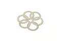 A cluster of six thin, flat, circular metal washers arranged on a white background.