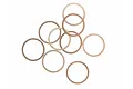 A collection of ten thin, circular copper washers scattered on a white background.