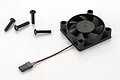Hobbywing 4510 series cooling fan with black plastic housing and seven-blade impeller, including four black mounting screws and a two-pin connector.