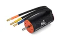 Spektrum Firma 3668 brushless motor with black finned housing, orange end caps, and three wires with gold bullet connectors.